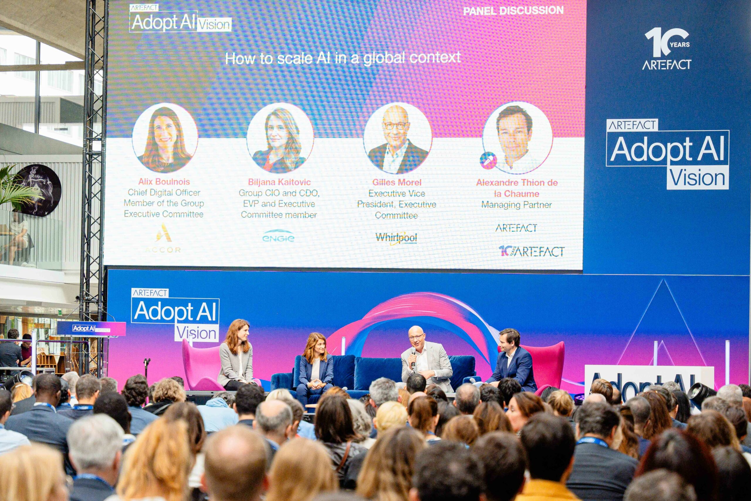 engie accor whirlpool – adopt ai summit Alix Boulnois, CDO & Member of the Group Exec Comm at ACCOR, Biljana Kaitovic, Group CIO & CDO at ENGIE, Gilles Morel, Exec VP at WHIRLPOOL at the Adopt AI Summit – How to scale AI in a global context